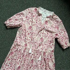 SHEIN Pink & White Boho Pattern Puff 3/4 short sleeve Maxi Midi Drawstring Dress